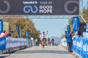 Polish rider Maja Wloszczowska celebrates her win on the second stage of 114km in the women's category of the Takealot Tour of Good Hope