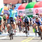 Team BridgeLane's Nicholas White crossing the line to win stage three of the Tour de Taiwan today. Photo: facebook.com/Tour-De-Taiwan