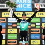 Bora-Hansgrohe's Sam Bennett celebrating his stage three victory of the Paris-Nice yesterday. Photo: A.S.O./Alex Broadway