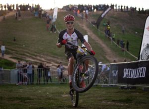 Sam Gaze performing a wheelie at the Champions Race in in Kayamandi yesterday. Photo: Michal Červený
