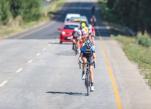 Yolandi du Toit leading the way in the women's race during stage two of the Tour of Good Hope. Photo: Henk Neuhoff Photography