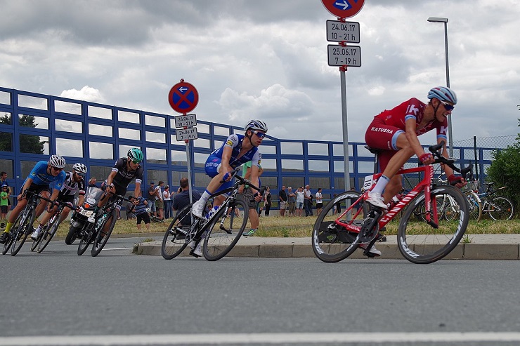 Maximilian Schachmann (centre) won stage four of the Tour of the Basque Country
