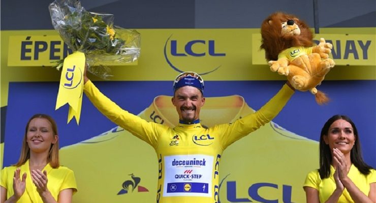 Julian Alaphilippe in the yellow jersey on stage three of the 2019 Tour de France