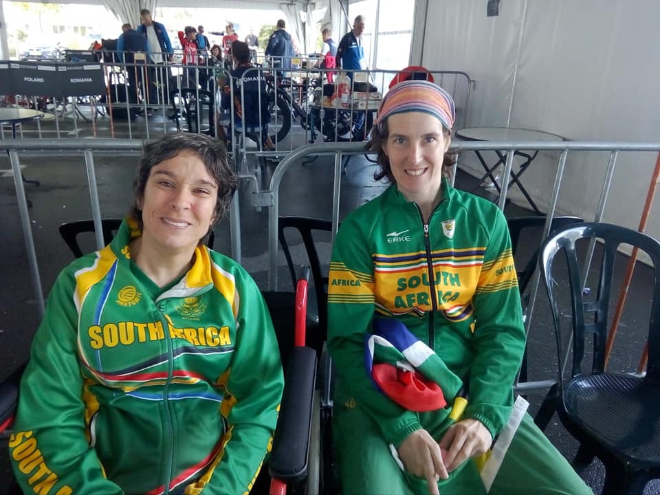 Toni Mould (left) finished sixth in the WT1 race at the Para-cycling Road World Championships